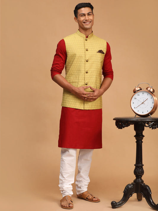 Men's Maroon Cotton Blend Straight Jacket  Kurta and Pyjama Set