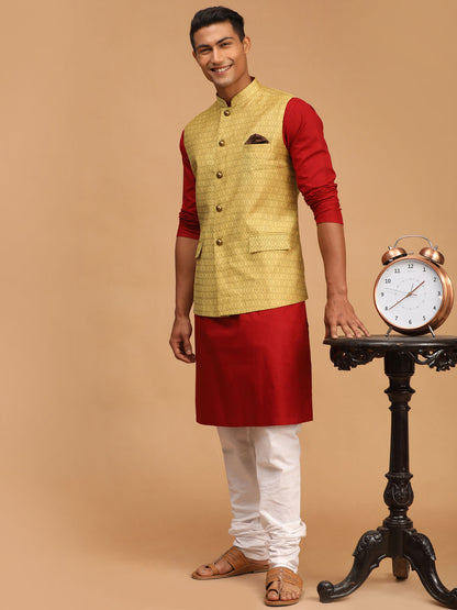 Men's Maroon Cotton Blend Straight Jacket  Kurta and Pyjama Set