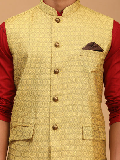 Men's Maroon Cotton Blend Straight Jacket  Kurta and Pyjama Set