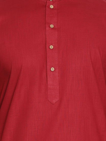Men's Maroon Cotton Blend Straight Jacket  Kurta and Pyjama Set