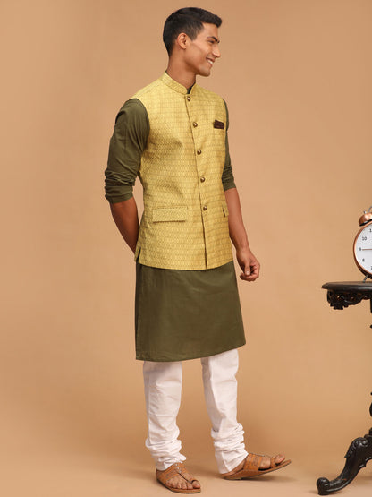 Men's Dark Green Cotton Blend Straight Jacket  Kurta and Pyjama Set