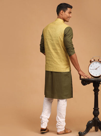 Men's Dark Green Cotton Blend Straight Jacket  Kurta and Pyjama Set