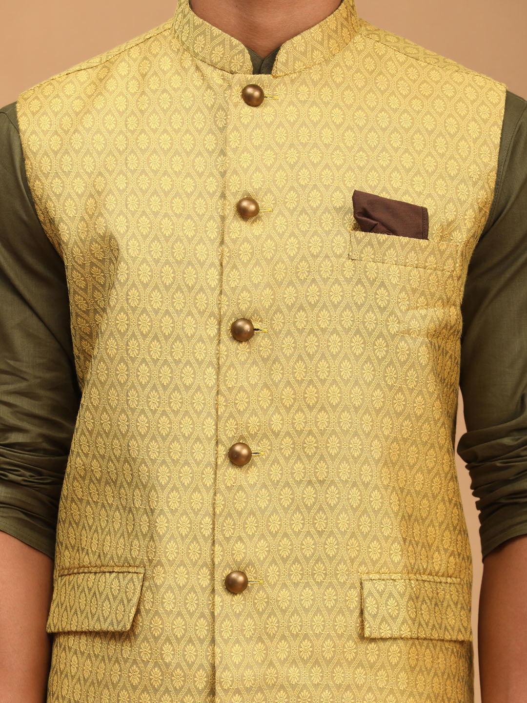 Men's Dark Green Cotton Blend Straight Jacket  Kurta and Pyjama Set
