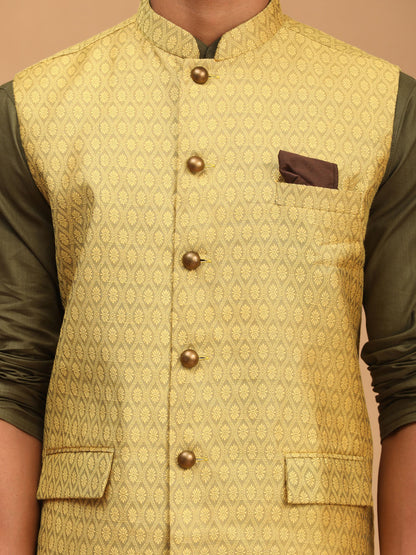 Men's Dark Green Cotton Blend Straight Jacket  Kurta and Pyjama Set