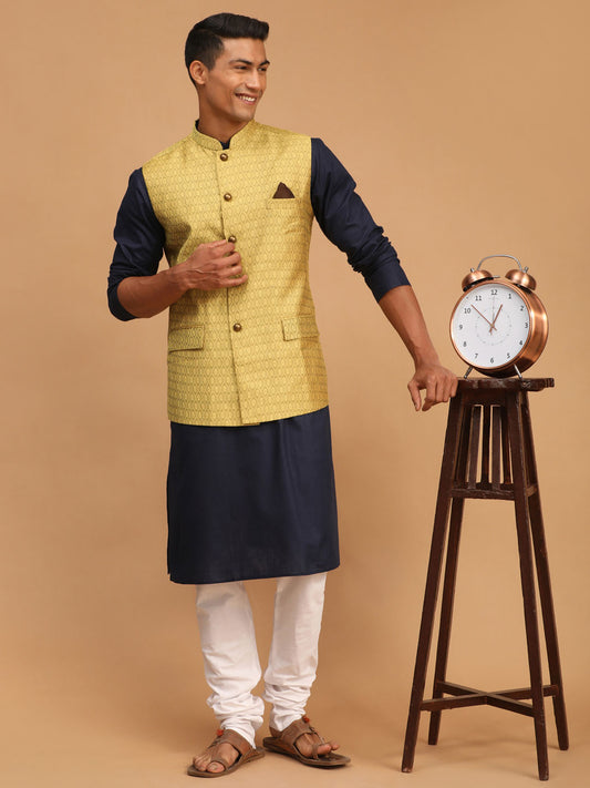 Men's Navy Blue Cotton Blend Straight Jacket  Kurta and Pyjama Set