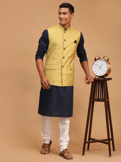 Men's Navy Blue Cotton Blend Straight Jacket  Kurta and Pyjama Set