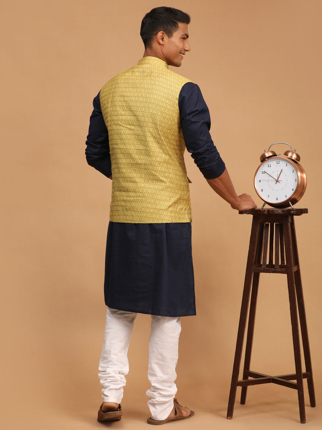 Men's Navy Blue Cotton Blend Straight Jacket  Kurta and Pyjama Set