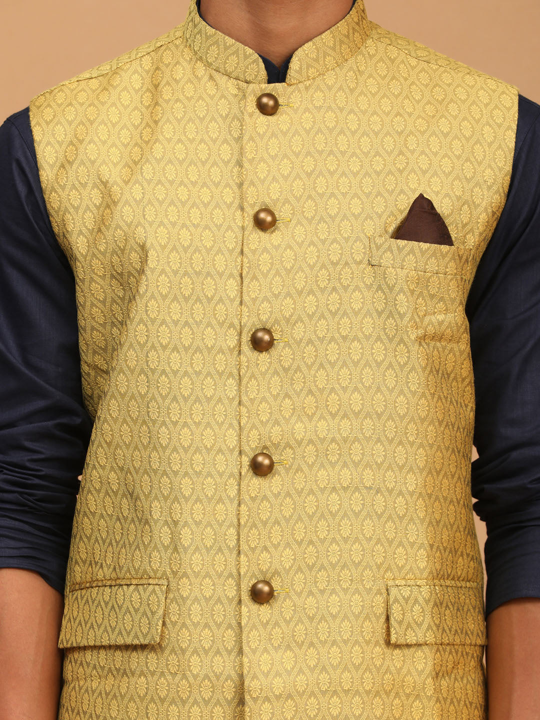 Men's Navy Blue Cotton Blend Straight Jacket  Kurta and Pyjama Set