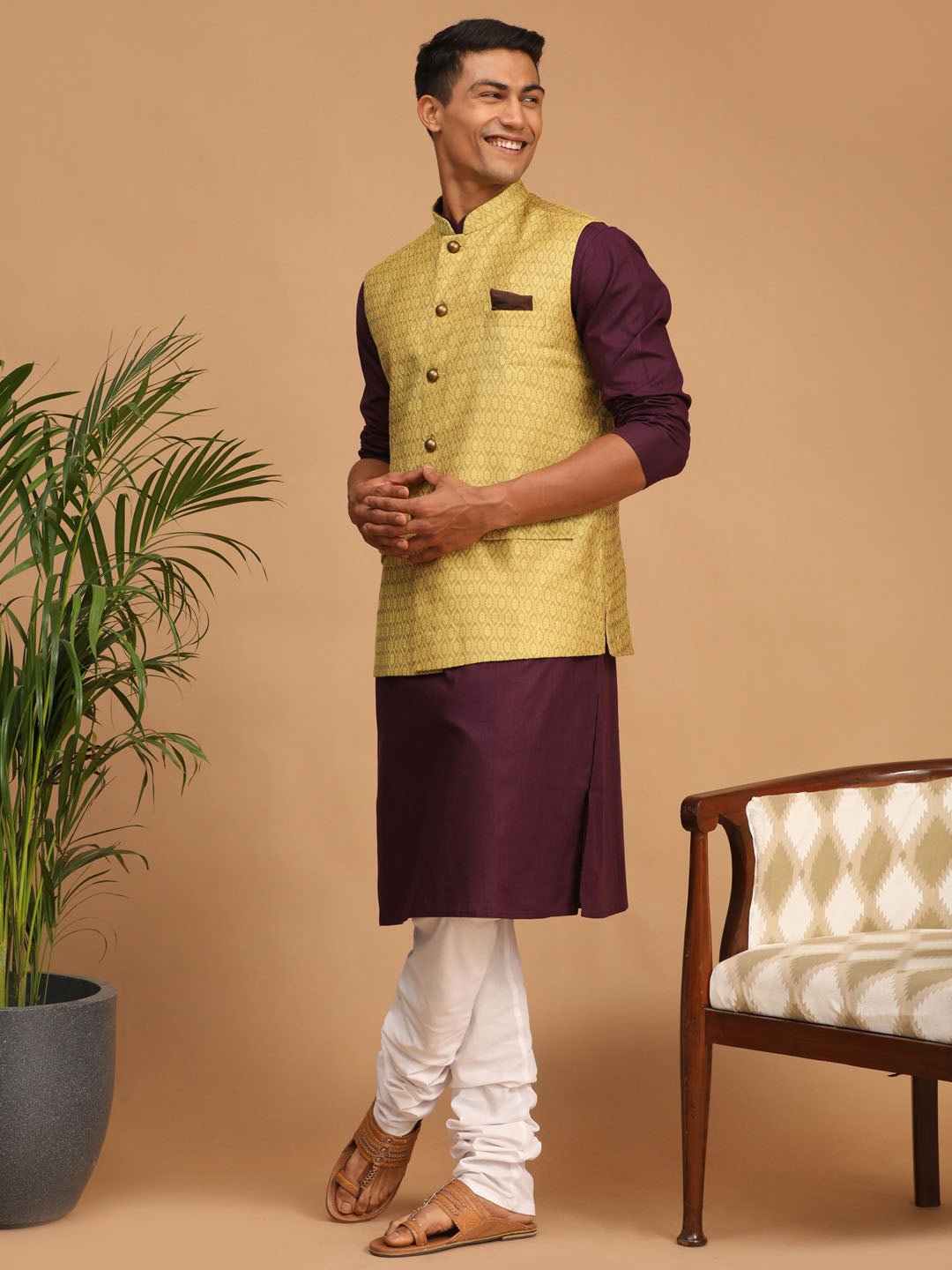 Men's Purple Cotton Blend Straight Jacket  Kurta and Pyjama Set