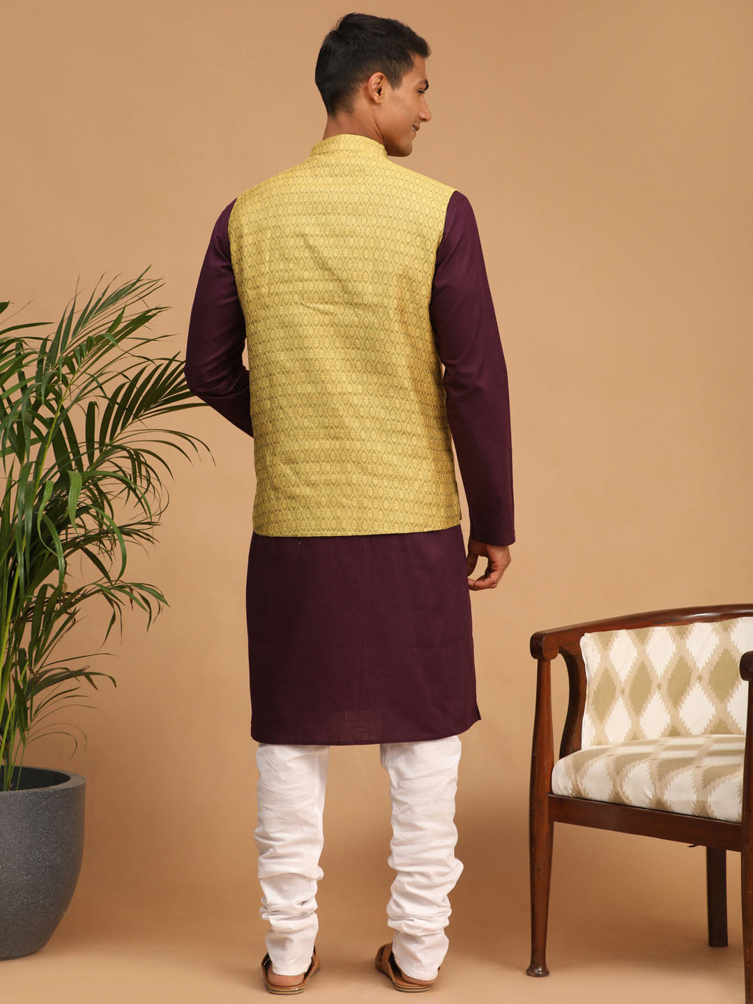Men's Purple Cotton Blend Straight Jacket  Kurta and Pyjama Set