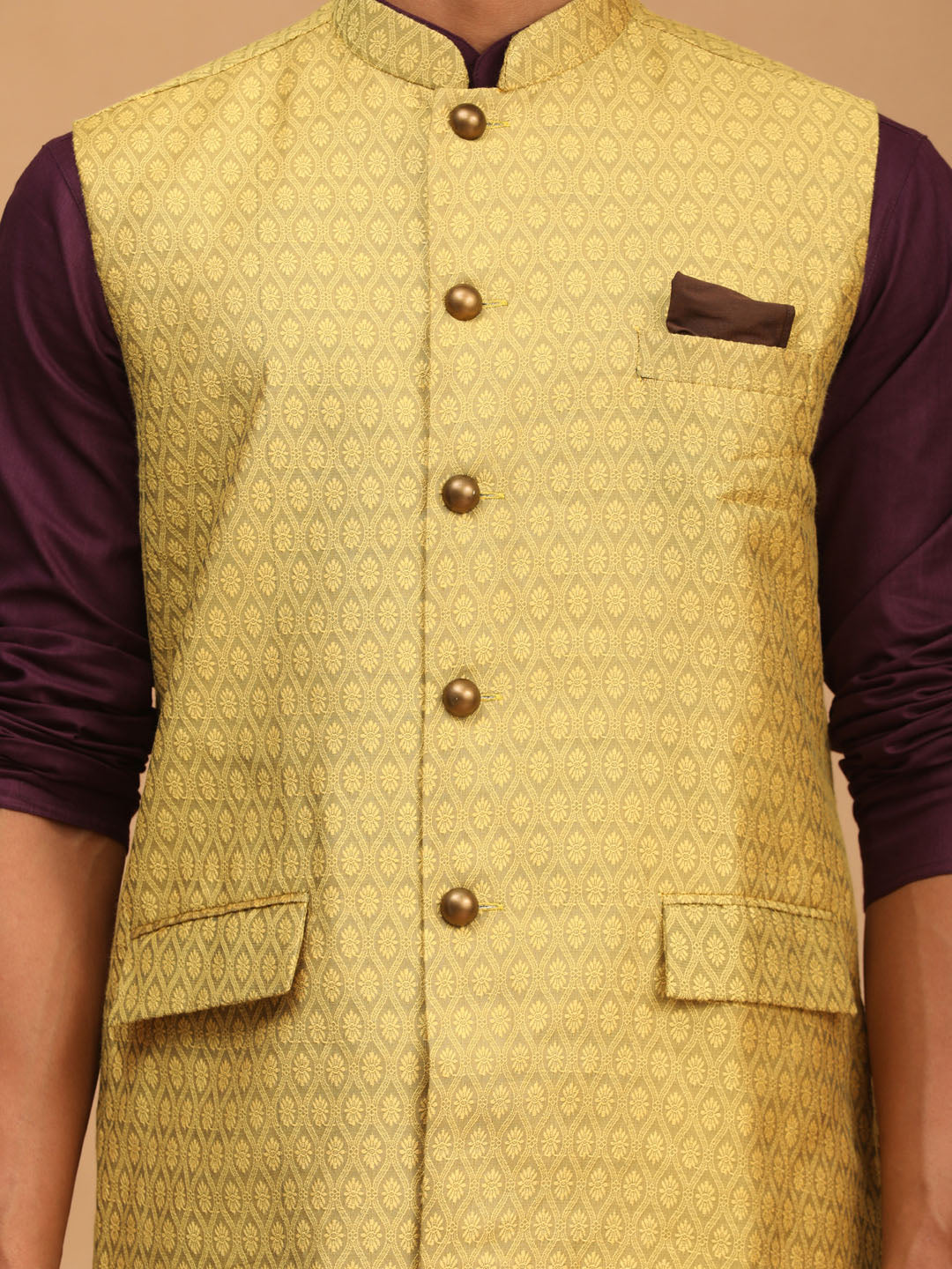 Men's Purple Cotton Blend Straight Jacket  Kurta and Pyjama Set