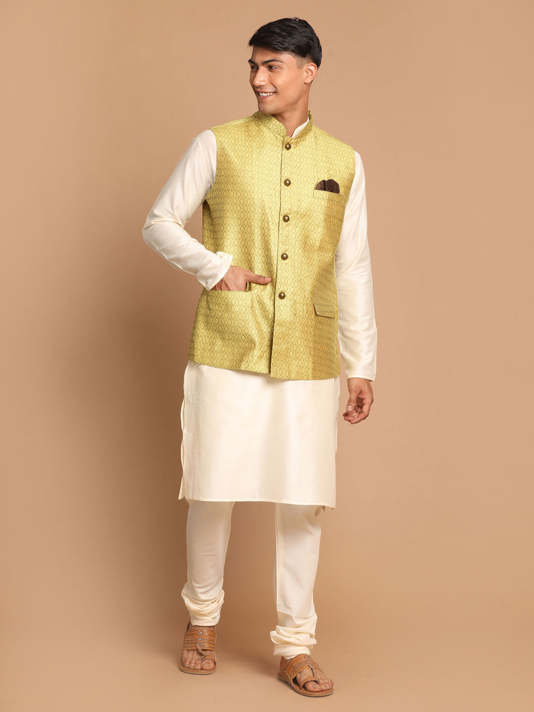 Men's Cream Viscose Straight Jacket  Kurta and Pyjama Set