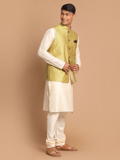 Men's Cream Viscose Straight Jacket  Kurta and Pyjama Set