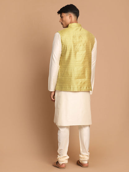 Men's Cream Viscose Straight Jacket  Kurta and Pyjama Set