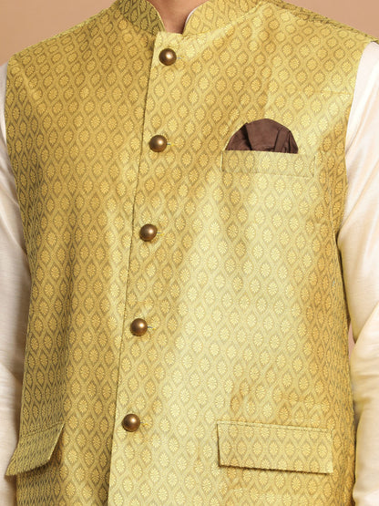 Men's Cream Viscose Straight Jacket  Kurta and Pyjama Set