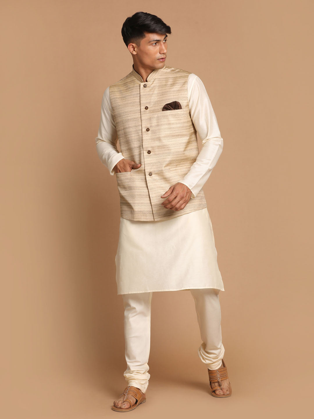 Men's Cream Viscose Straight Jacket  Kurta and Pyjama Set