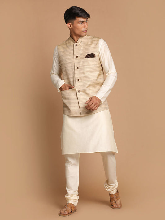 Men's Cream Viscose Straight Jacket  Kurta and Pyjama Set