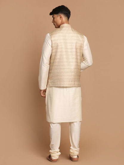 Men's Cream Viscose Straight Jacket  Kurta and Pyjama Set