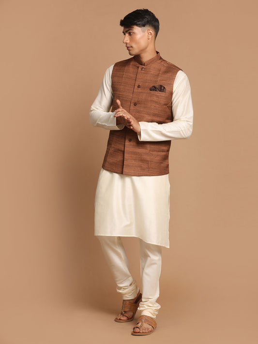Men's Cream Viscose Straight Jacket  Kurta and Pyjama Set