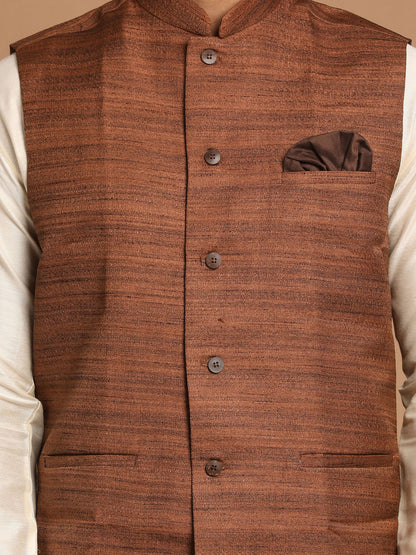 Men's Cream Viscose Straight Jacket  Kurta and Pyjama Set