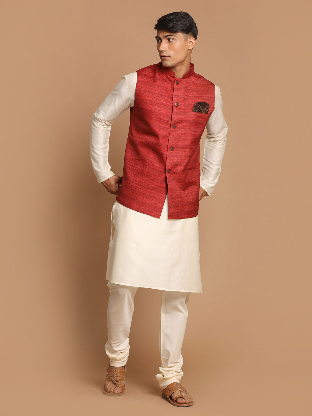 Men's Cream Viscose Straight Jacket  Kurta and Pyjama Set