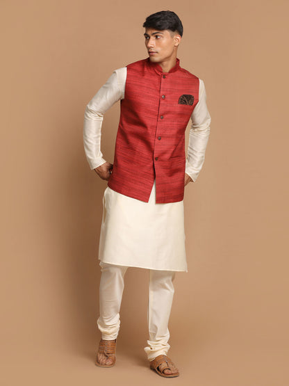 Men's Cream Viscose Straight Jacket  Kurta and Pyjama Set