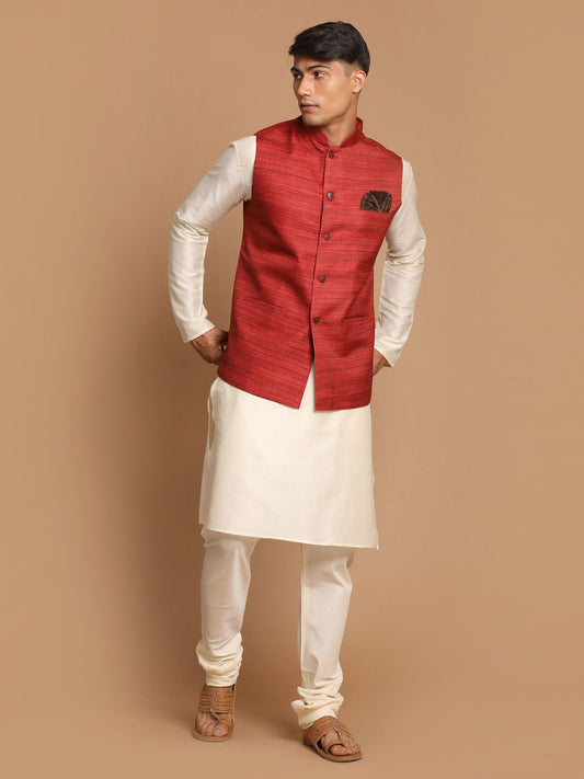 Men's Cream Viscose Straight Jacket  Kurta and Pyjama Set