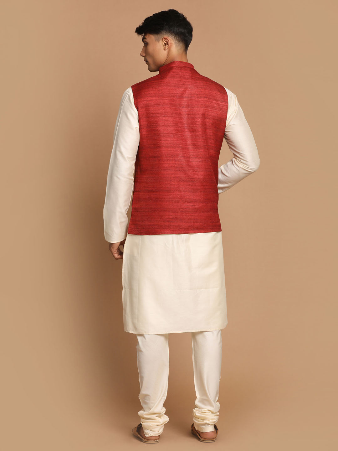 Men's Cream Viscose Straight Jacket  Kurta and Pyjama Set