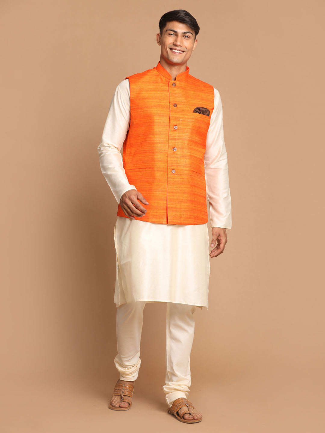 Men's Cream Viscose Straight Jacket  Kurta and Pyjama Set