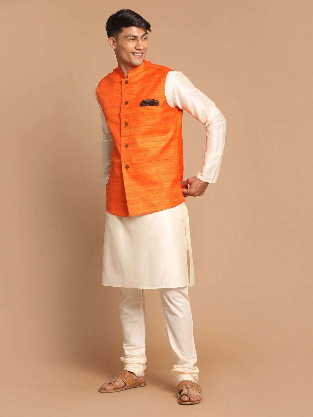 Men's Cream Viscose Straight Jacket  Kurta and Pyjama Set