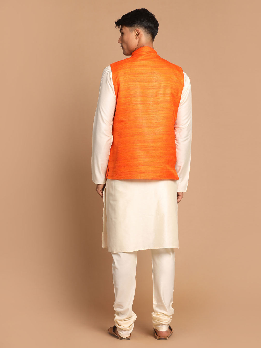 Men's Cream Viscose Straight Jacket  Kurta and Pyjama Set