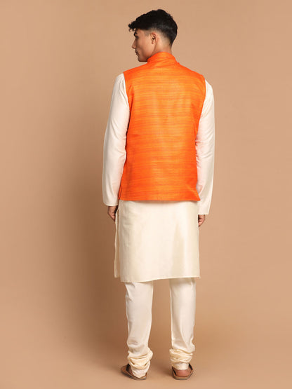 Men's Cream Viscose Straight Jacket  Kurta and Pyjama Set