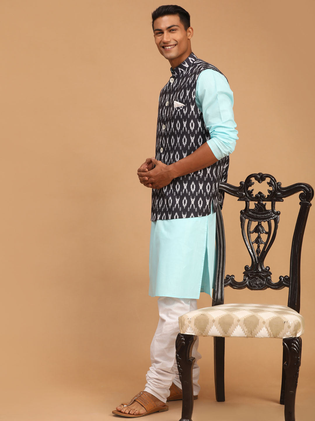 Men's Aqua Cotton Blend Straight Jacket  Kurta and Pyjama Set