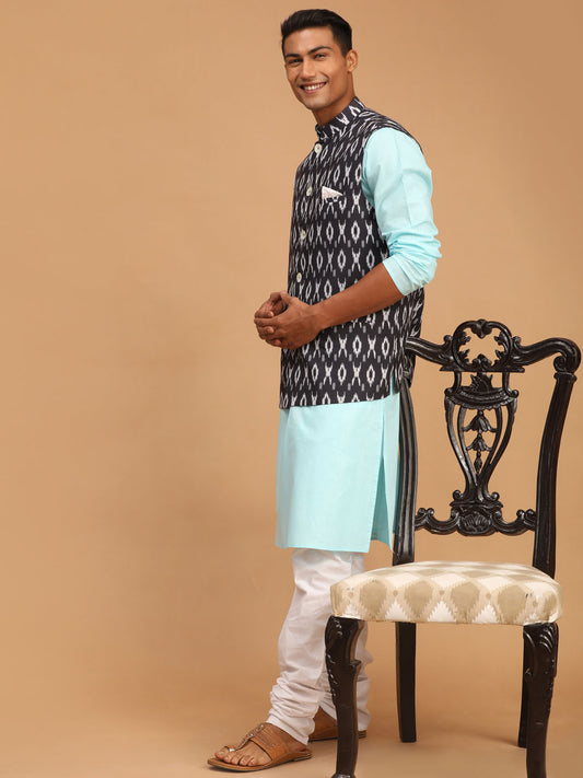 Men's Aqua Cotton Blend Straight Jacket  Kurta and Pyjama Set