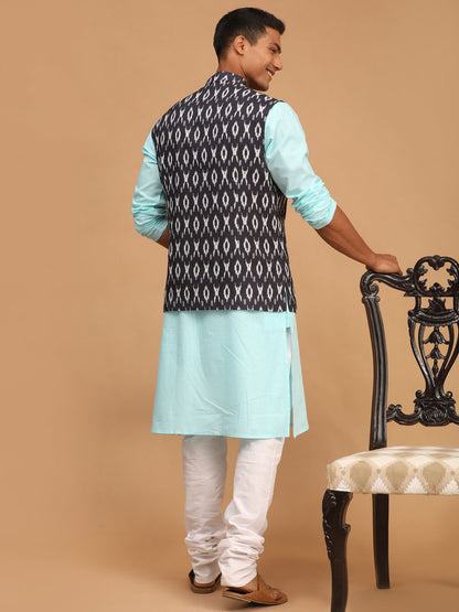 Men's Aqua Cotton Blend Straight Jacket  Kurta and Pyjama Set