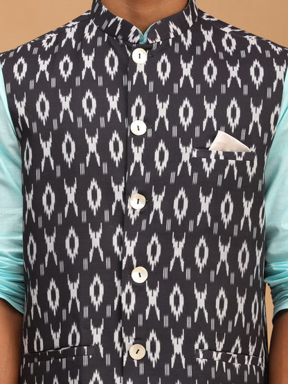 Men's Aqua Cotton Blend Straight Jacket  Kurta and Pyjama Set