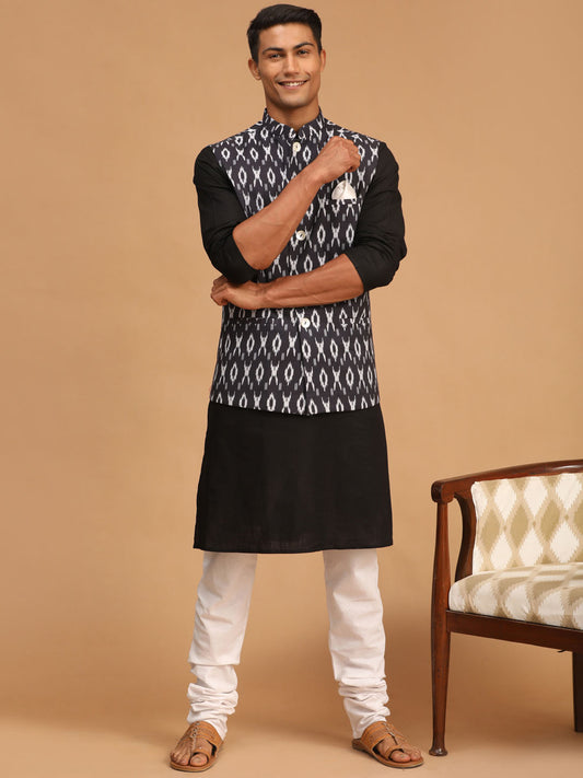 Men's Black Cotton Blend Straight Jacket  Kurta and Pyjama Set