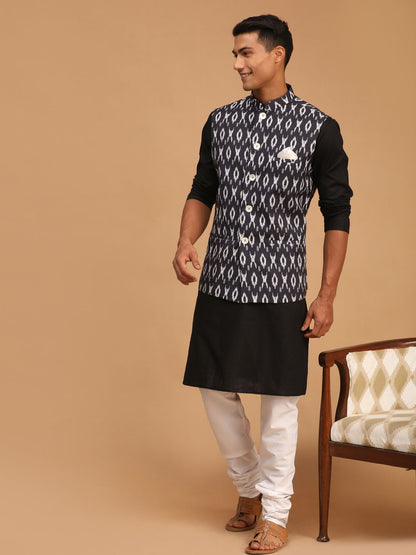 Men's Black Cotton Blend Straight Jacket  Kurta and Pyjama Set
