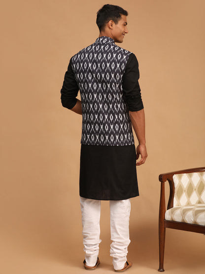 Men's Black Cotton Blend Straight Jacket  Kurta and Pyjama Set
