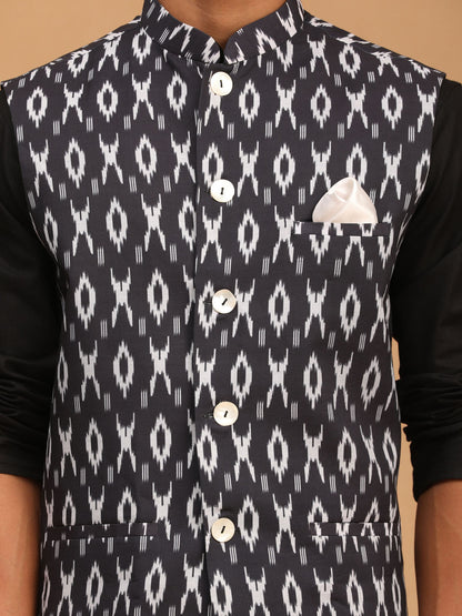 Men's Black Cotton Blend Straight Jacket  Kurta and Pyjama Set