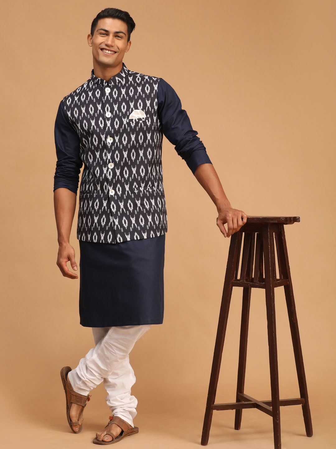 Men's Navy Blue Cotton Blend Straight Jacket  Kurta and Pyjama Set