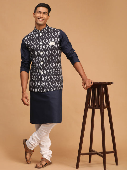 Men's Navy Blue Cotton Blend Straight Jacket  Kurta and Pyjama Set