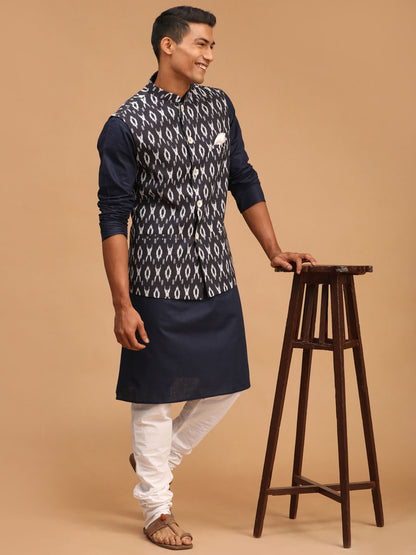 Men's Navy Blue Cotton Blend Straight Jacket  Kurta and Pyjama Set