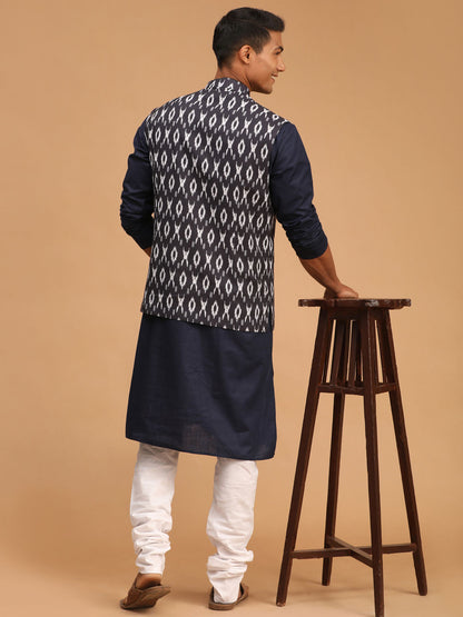 Men's Navy Blue Cotton Blend Straight Jacket  Kurta and Pyjama Set