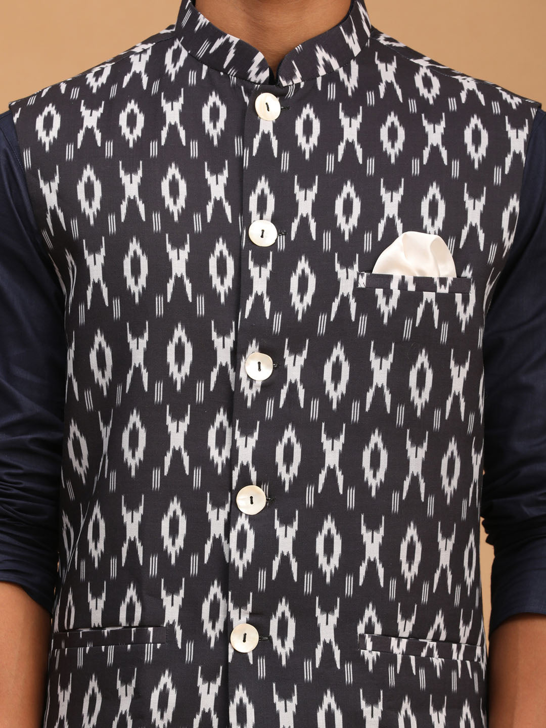 Men's Navy Blue Cotton Blend Straight Jacket  Kurta and Pyjama Set