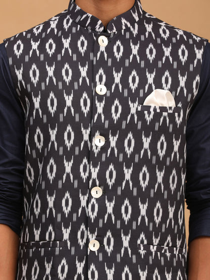 Men's Navy Blue Cotton Blend Straight Jacket  Kurta and Pyjama Set