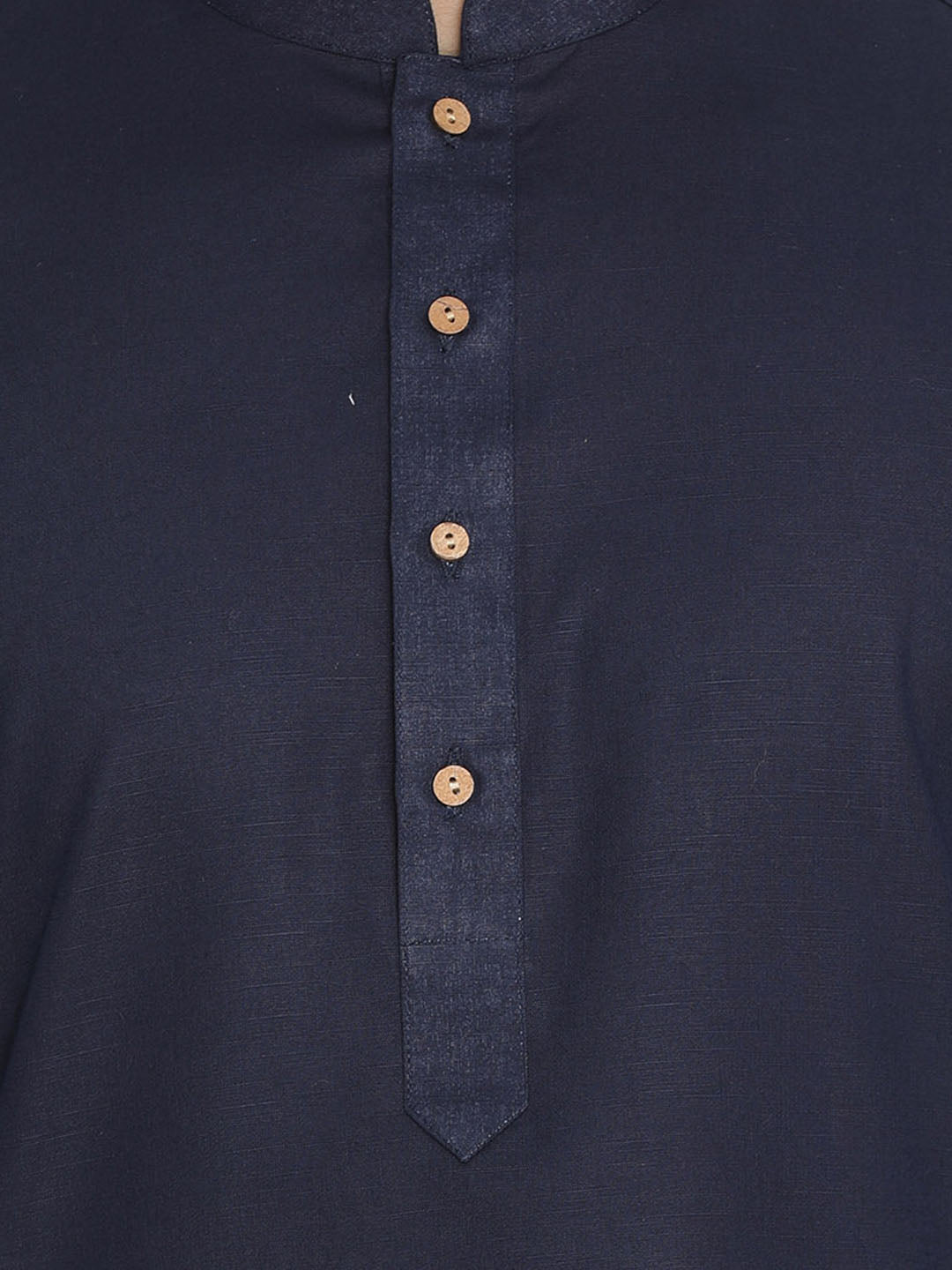 Men's Navy Blue Cotton Blend Straight Jacket  Kurta and Pyjama Set