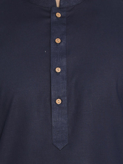 Men's Navy Blue Cotton Blend Straight Jacket  Kurta and Pyjama Set