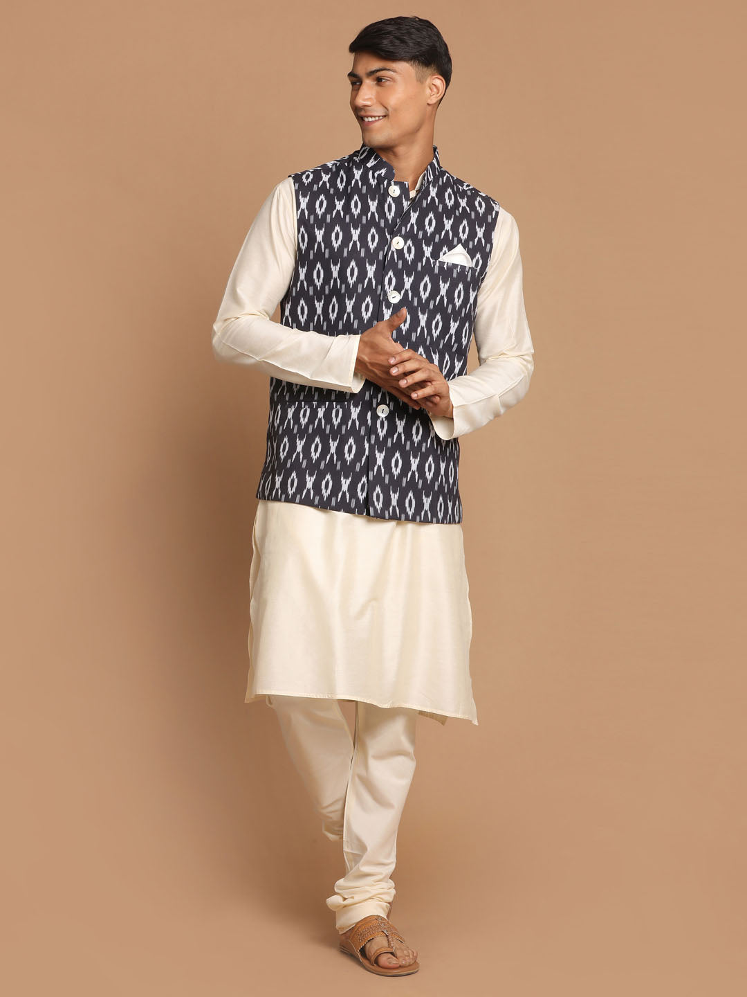 Men's Cream Viscose Straight Jacket  Kurta and Pyjama Set