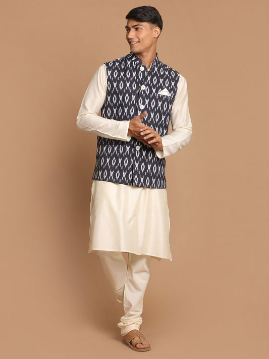 Men's Cream Viscose Straight Jacket  Kurta and Pyjama Set